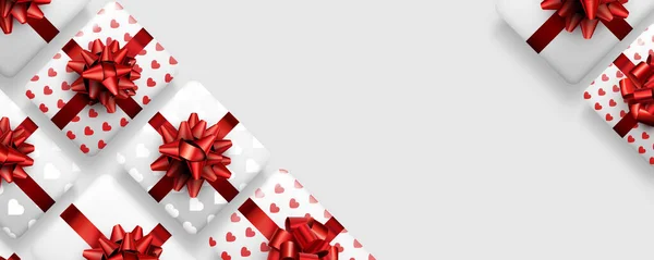 Белые Подарочные Коробки Красивыми Красными Бантами Баннер Пробелами Смс День — стоковый вектор