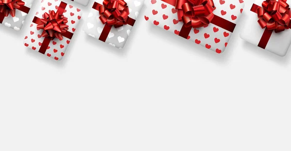 Fehér Ajándékdobozok Gyönyörű Piros Íjakkal Banner Hely Sms Nek Valentin — Stock Vector