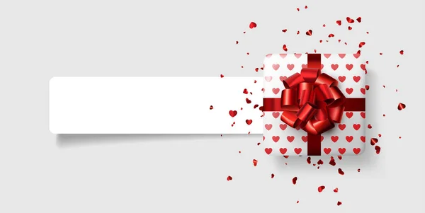 ハートパターンと美しい赤い弓と白いギフトボックス 赤い箔のコンフェッティ バレンタインデーだ カード ポスター ウェブ バナーの場合 ベクターイラスト — ストックベクタ
