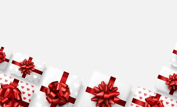 Cajas Regalo Blancas Con Hermosos Lazos Rojos Banner Con Espacio — Vector de stock