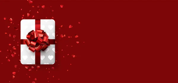 Weiße Geschenkboxen Mit Schöner Roter Schleife Banner Mit Rotem Folienkonfetti — Stockvektor