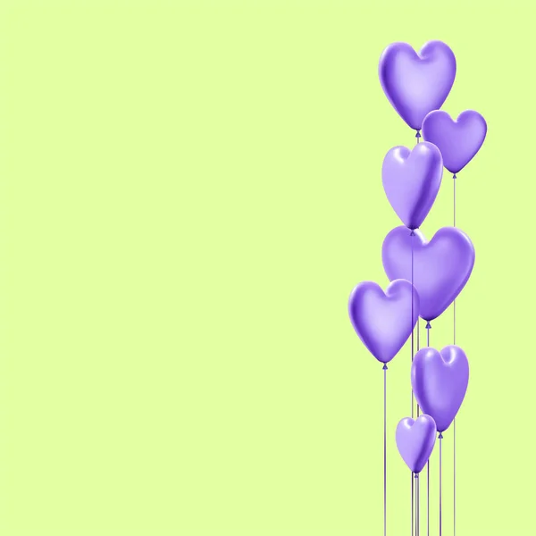 Lila Realistiska Ballonger Hjärtform Kvadratgrön Bakgrund Med Plats För Text — Stock vektor
