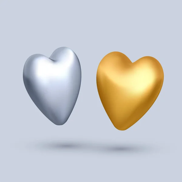 Par Realista Globos Plata Oro Forma Corazón Fondo Gris Día — Archivo Imágenes Vectoriales