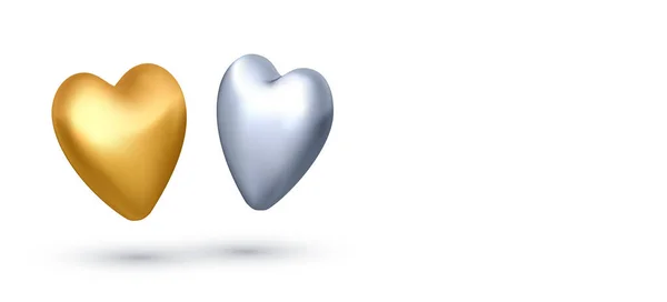 Paire Réaliste Ballons Argentés Dorés Forme Coeur Fond Blanc Sur — Image vectorielle