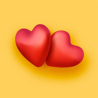 Sarı arka planda 3D kırmızı çift kalp. Sevgililer Günü. Vektör illüstrasyonu.