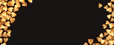 Siyah arka planda üç boyutlu sarı kalpler sınırı. Kalpler şeker gibi. Mesaj için yeri olan Sevgililer Günü afişi. Vektör illüstrasyonu.