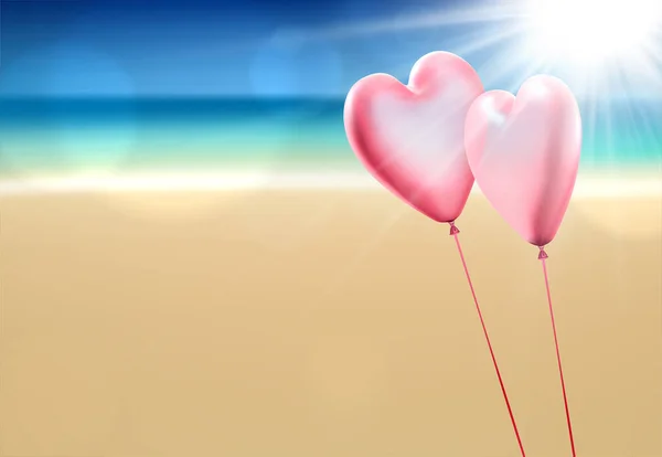 Pink Hearts Balloon Couple Sea Beach Background Valentine Day Vector — Stock Vector
