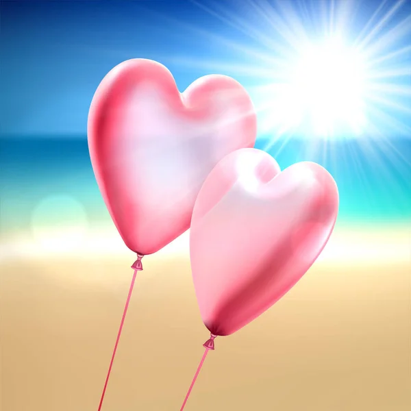 Różowe Serca Balon Para Tle Morza Plaży Walentynki Ilustracja Wektora — Wektor stockowy