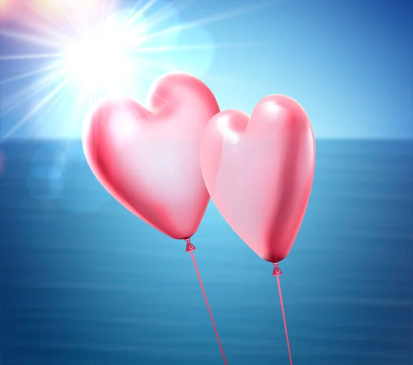 Różowe Serca Balon Para Tle Błękitnego Morza Nieba Walentynki Ilustracja — Wektor stockowy