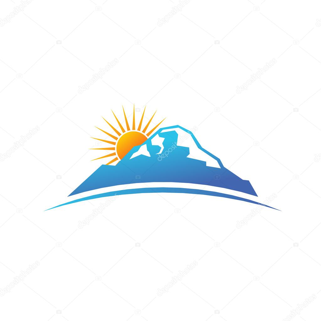 Montagna e sole nel logo di orizzonte — Vettoriale Stock