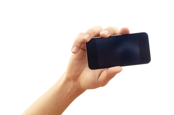 Isolierte Hand hält Smartphone oder Handy — Stockfoto