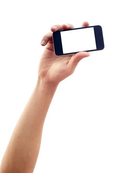 Isolierte Hand hält Smartphone oder Handy — Stockfoto