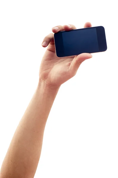 Geïsoleerde hand met smartphone of telefoon — Stockfoto