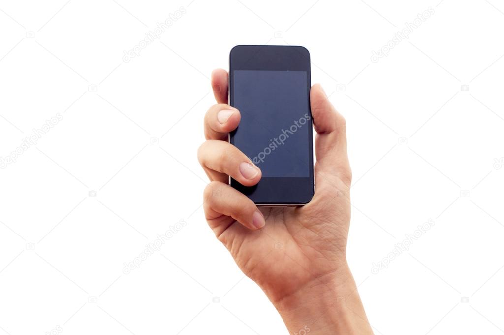 isolated hand holding smartphone or phone