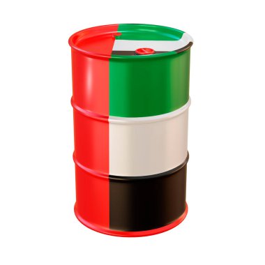 Birleşik Arap Emirlikleri bayrağında izole edilmiş 3 boyutlu yağ varili..