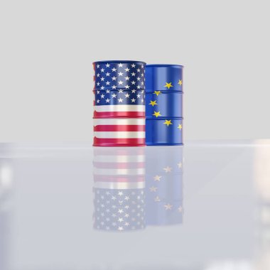 Avro ve ABD bayraklarında 3 boyutlu ham petrol varilleri izole edildi..