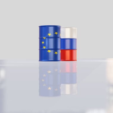 Avro ve Rusya bayrağında 3 boyutlu ham petrol varilleri izole edildi