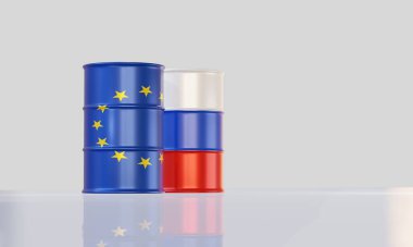 Avro ve Rusya bayrağında 3 boyutlu ham petrol varilleri izole edildi