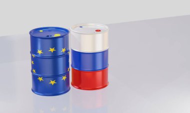 Avro ve Rusya bayrağında 3 boyutlu ham petrol varilleri izole edildi