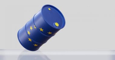 Enerji krizi kavramı için Avrupa bayrağında ham petrol varillerinin 3D yorumlanması.