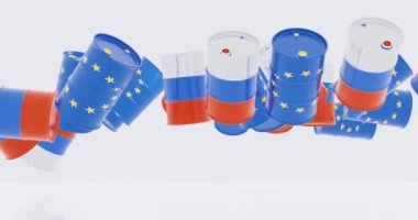 Avrupa bayrağında ham petrol varillerinin 3D yorumlanması ve Rus bayrağının enerji kavramları için çarpması.