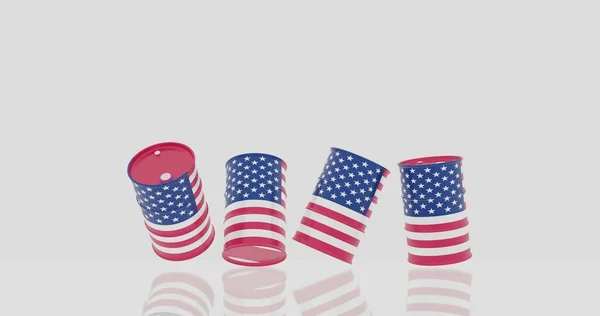 エネルギー危機の概念のために地面に落ちる米国の旗の原油バレルの3Dレンダリング — ストック写真
