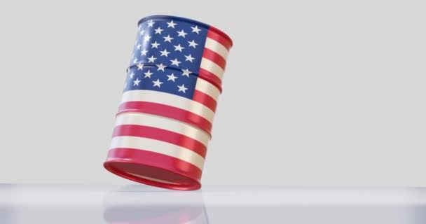 概念のために地面に落ちる米国の旗の原油バレルの3Dレンダリング — ストック動画