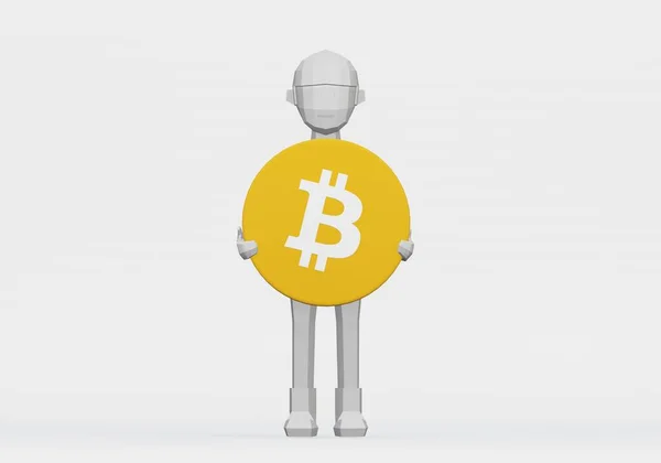 Renderizado Muñeco Dibujos Animados Sosteniendo Bitcoin Para Concepto Critomoneda — Foto de Stock