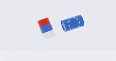 Avrupa bayrağında ham petrol varillerinin 3D yorumlanması ve Rus bayrağının enerji kavramları için çarpması.