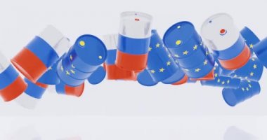 Avrupa bayrağında ham petrol varillerinin 3D yorumlanması ve Rus bayrağının enerji kavramları için çarpması.