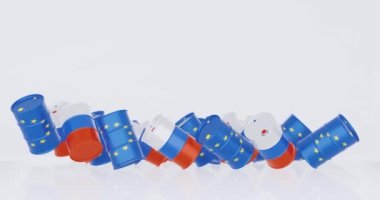 Avrupa bayrağında ham petrol varillerinin 3D yorumlanması ve Rus bayrağının enerji kavramları için çarpması.