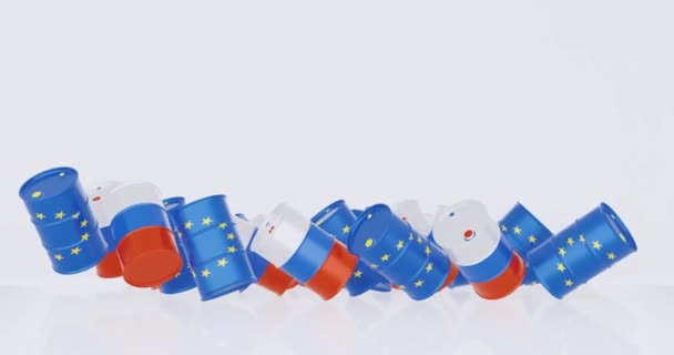 三维渲染的原油桶在欧洲旗帜和俄罗斯旗帜崩溃的能源概念 — 图库视频影像