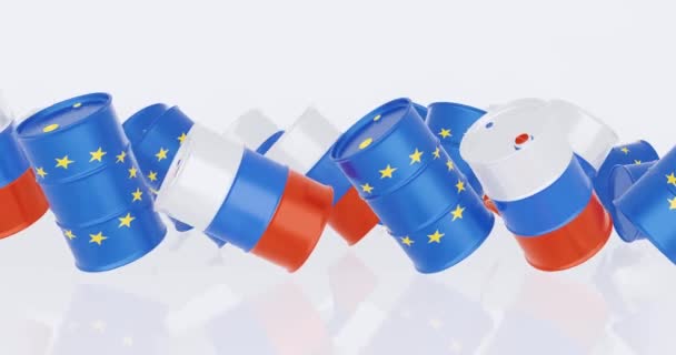 Renderowanie Beczek Ropy Naftowej Euro Flagi Flagi Rosyjskiej Awarii Koncepcji — Wideo stockowe
