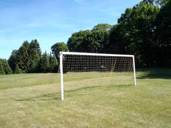 Γκολ ποδόσφαιρο με δίχτυ χορτώδους πεδίο — Φωτογραφία Αρχείου