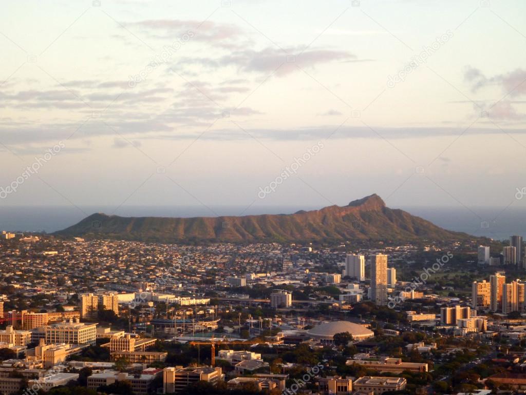 Diamondhead and the city of Honolulu of Oahu at dusk