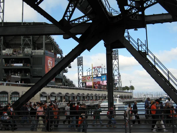 Giants manager interviewed big screen as fans celebrate the clin — Stock Photo, Image