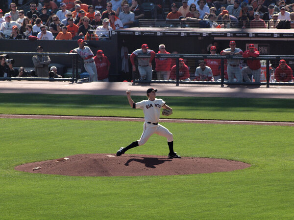 Pitcher Matt Cain steps into leg to build power as he steps into