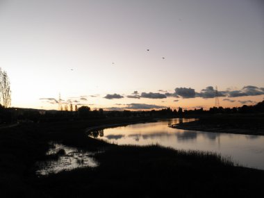 nehir boyunca gökte uçan kuşlar alacakaranlıkta