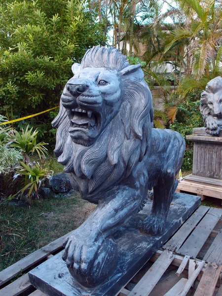 Fekete természetes kő oroszlán a raklapok, a megjelenítendő roaring — Stock Fotó