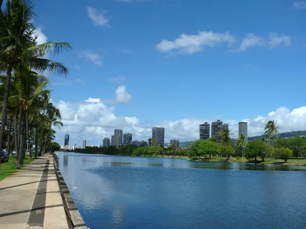 Ala Wai Canal, alberghi, condomini, campo da golf e palme da cocco su — Foto Stock