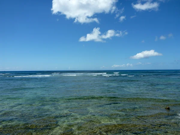 Aguas poco profundas del océano con coral y pequeñas olas rompiendo en el — Foto de Stock