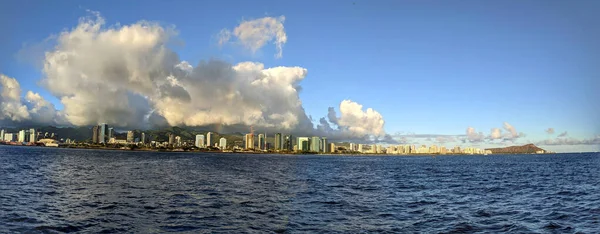 Panorâmica Honolulu Ala Moana Beach Park Waikiki Hotels Diamond Head — Fotografia de Stock