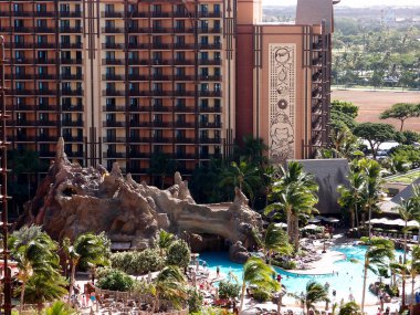 Ko Olina, Oahu, Hawaii - December 21, 2012: Aerial view of The new Disney' Aulani Hotel Resort and Spa pool and slide in the resort community of Ko Olina.