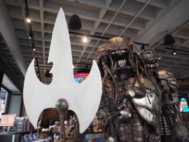 Hollywood, California - October 16, 2019: Life sized Predator figure in La La Land Novelty store.