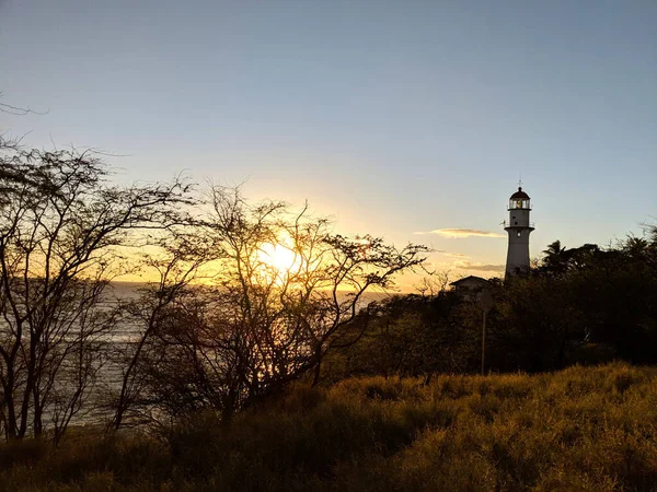 Pôr Sol Sobre Oceano Diamond Head Lighthouse Oahu Diamond Head — Fotografia de Stock
