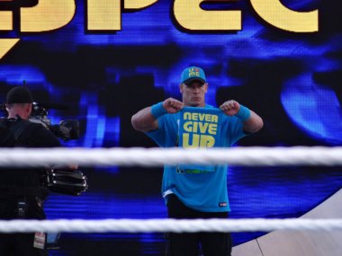 Santa Clara, Kaliforniya - 29 Mart 2015: WWE Güreşçisi John Cena, Wrestlemania 31 'deki WrestleMania Stadyumu' nda oynanan ABD Şampiyonluğu unvan maçına girerken 