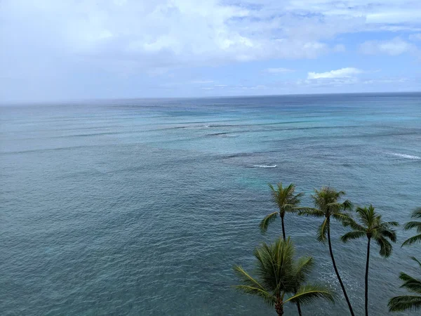 Воздушное Пространство Тихого Океана Катящимися Волнами Кокосовыми Деревьями Переднем Плане — стоковое фото