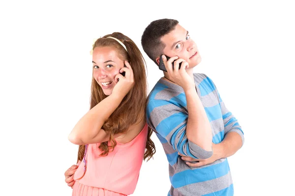 Beautiful girl and handsome boy calling — Stock Photo, Image