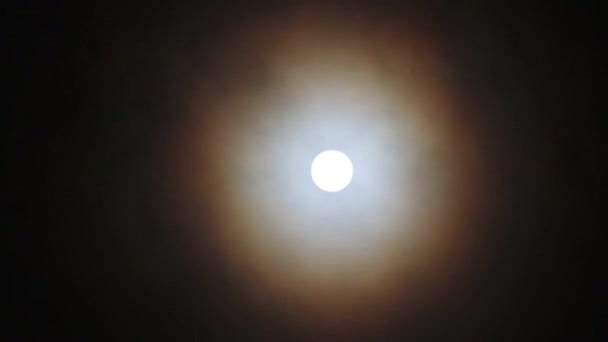 在满月的背景下云层的运动 下层大气中存在的小雪花导致了光晕的形成 — 图库视频影像