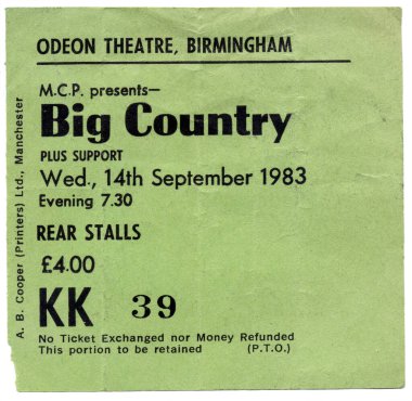 Big Country concert ticket, Odeon Theatre, Birmingham, 1983 clipart